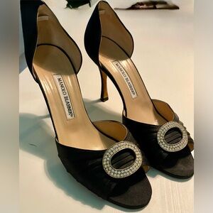Manolo Blahnik Black Satin Sedaraby D’Orsay Heels- 90mm